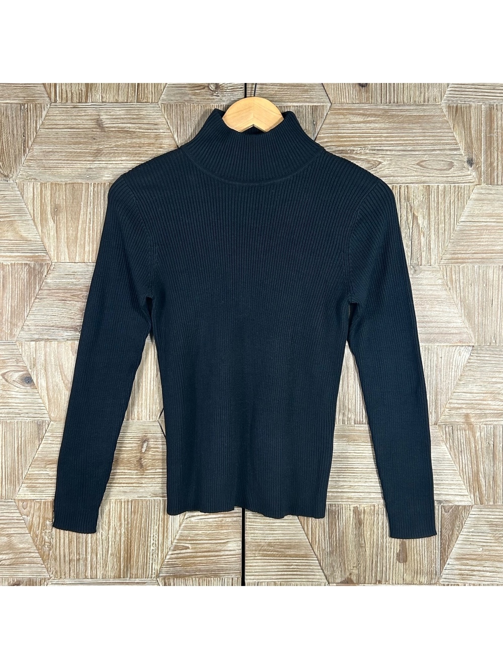 Nordstrom Womens Size Small Black Silk Fine Ribbed Knit Turtleneck Sweater Top